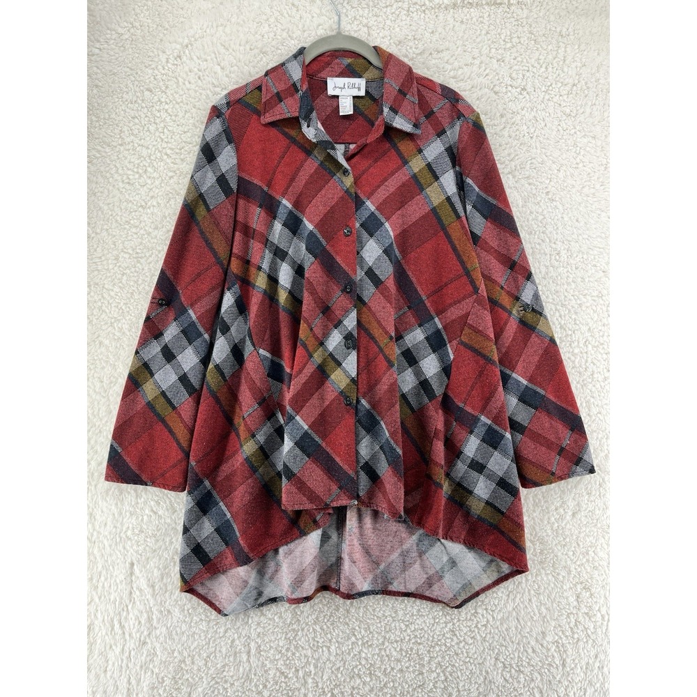 Joseph Ribkoff Sz 10 Plaid Hi-low‎ Tunic Top Roll-Tab 3/4 Sleeve Career Classic